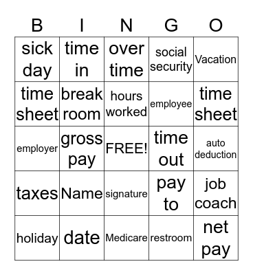 Job words Bingo Card