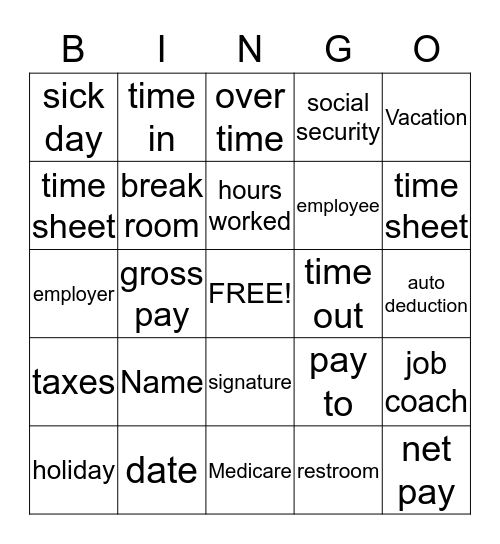Job words Bingo Card