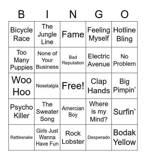 SONGS PENNY LIKES! <3 Bingo Card