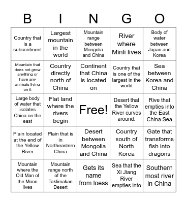 China's Geography Bingo Card