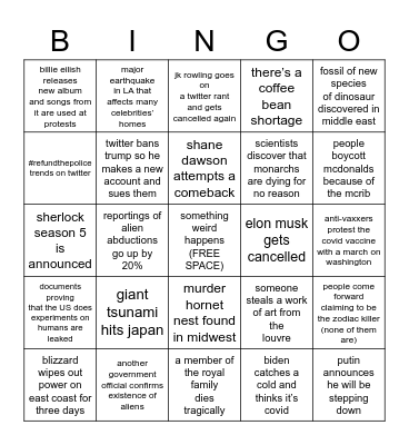 autumn’s 2021 bingo Card