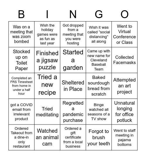 Pandemic Bingo Card