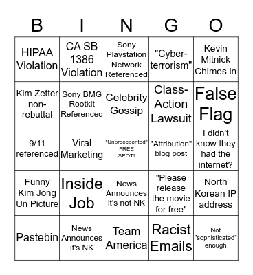 Sony Hack Bingo Card