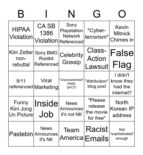 Sony Hack Bingo Card