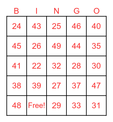Number Bingo Card