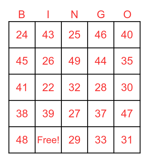 Number Bingo Card