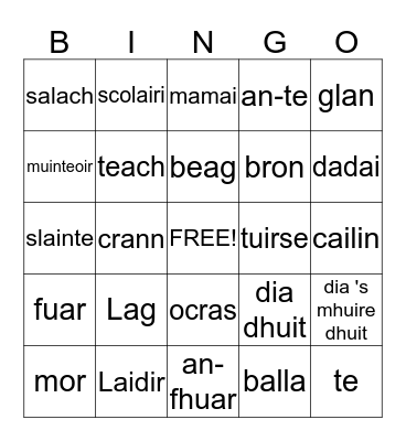 Gaelic Bingo Card
