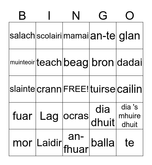 Gaelic Bingo Card