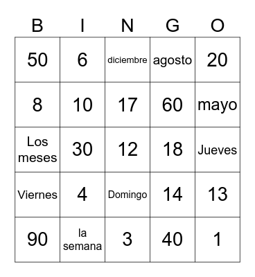 Meses Y Dias Bingo Card