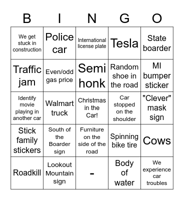 On the Road Bingo Card