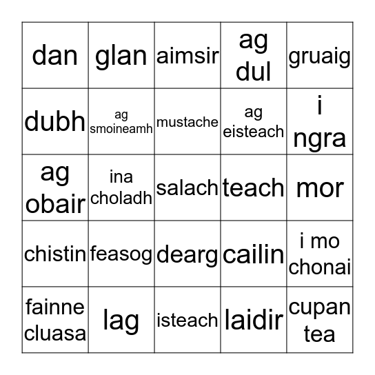 Gaelic Bingo Card