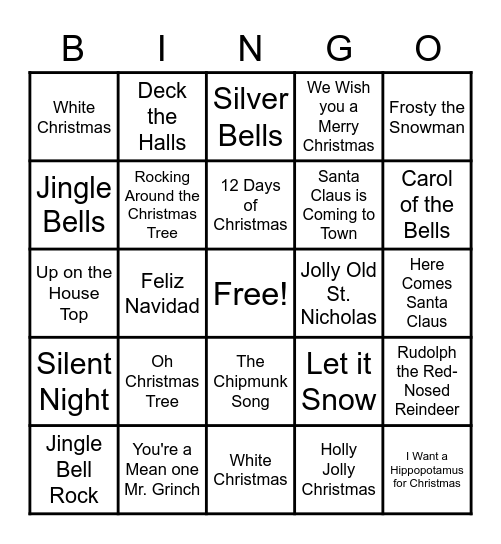Christmas Songs BINGO Card