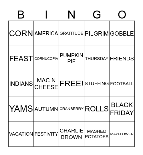 Thanksgiving Bingo!! Bingo Card