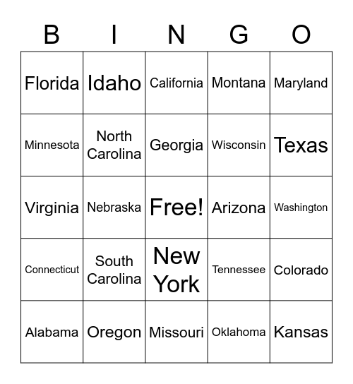 The United States Bingo Card