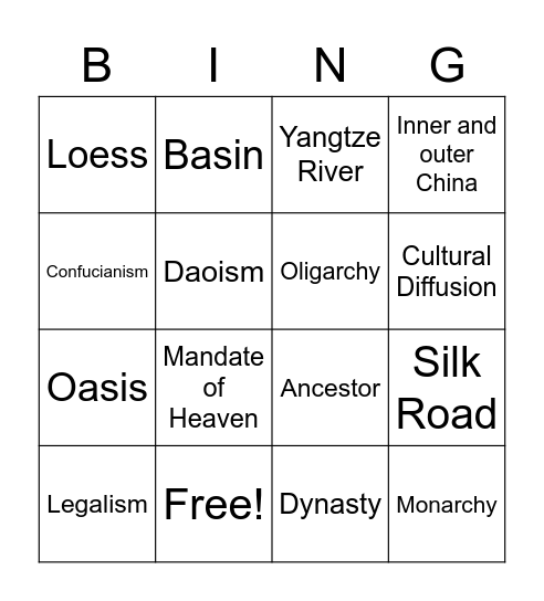 Unit 5 China Bingo! Bingo Card