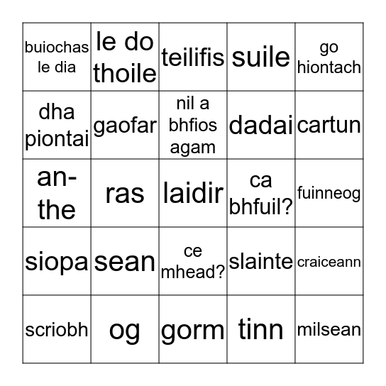 Gaelic Bingo Card