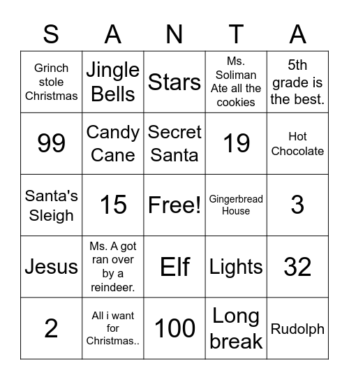 5th Grade Christmas Bingo! Bingo Card