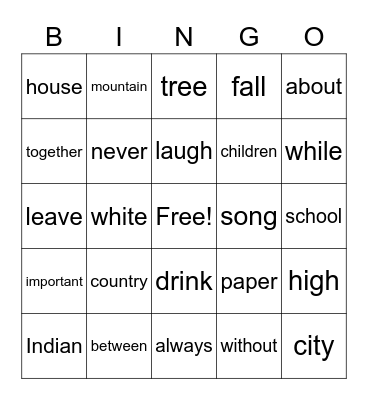 Sight Word Bingo Card