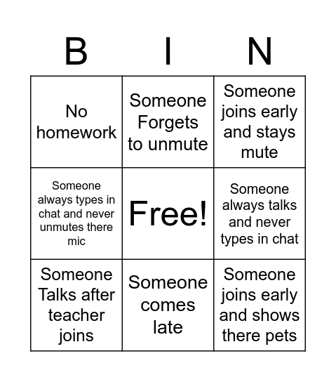 Online school bingo (for students and teachers) Bingo Card