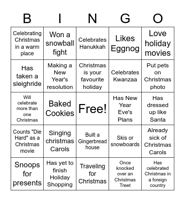 Holiday Bingo Game Bingo Card