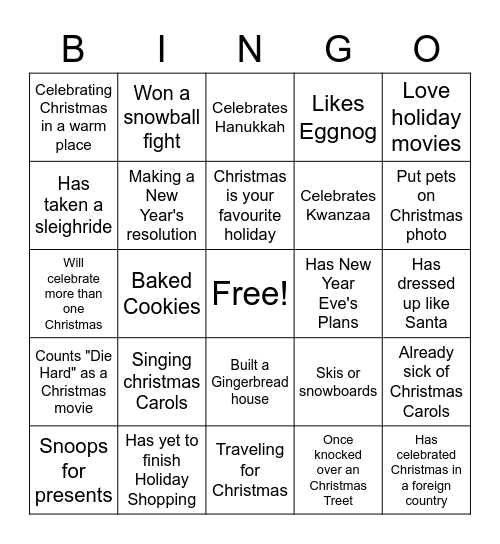 Holiday Bingo Game Bingo Card