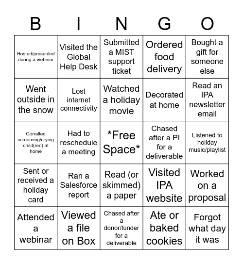 IPA Holiday Bingo: This week, I.... Bingo Card