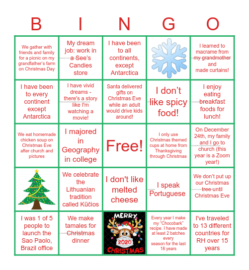 Holiday Traditions Bingo! Bingo Card