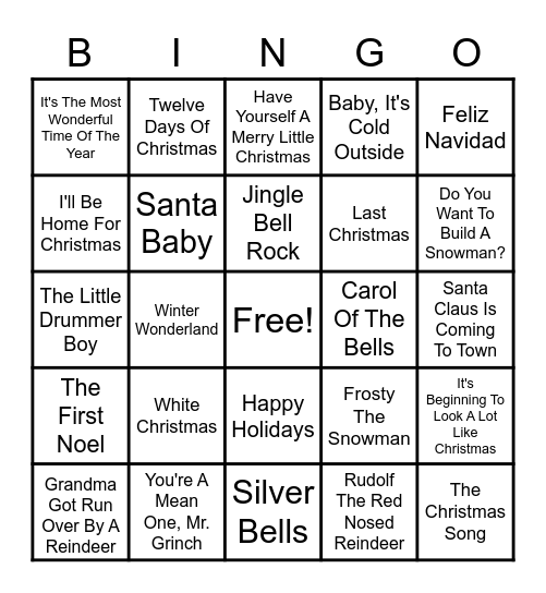Holiday Music Bingo Card