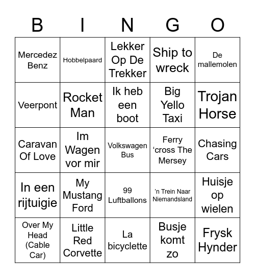 Muziekbingo thema vervoersmiddelen (makkelijk) Bingo Card