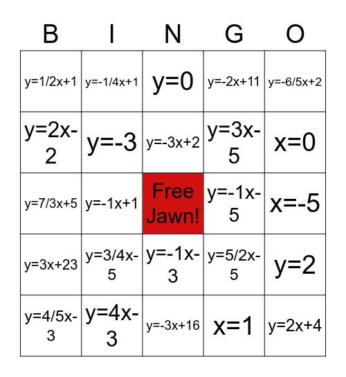 Writing Equations Bingo Card