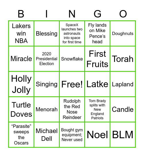 Holiday and 2020 Events Bingo Card