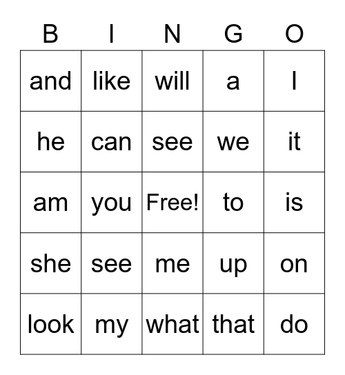 Sight Word Bingo Card