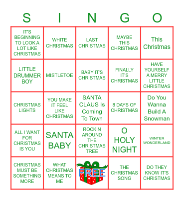 Christmas Pop Hits Bingo Card