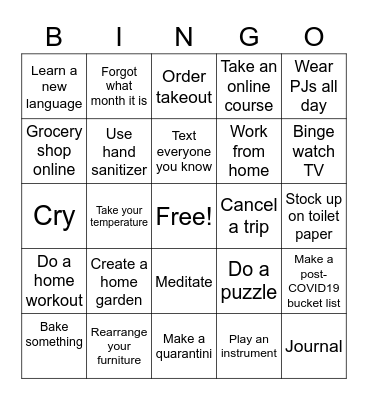 Quarantine Bingo Card