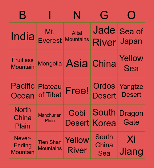 China's Geography Bingo Card