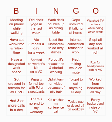 Work from home experience BINGO Card