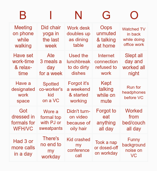 Work from home experience BINGO Card