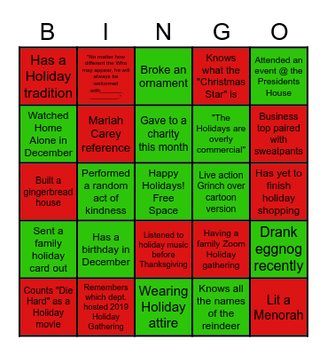 URAD Holiday Gathering Bingo Card