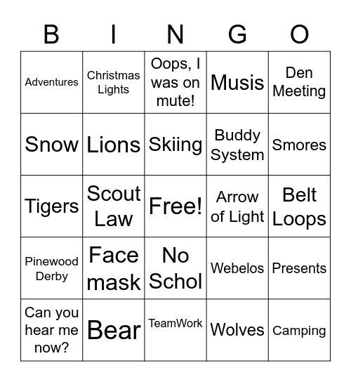 Zoom Scout Holiday Bingo Card