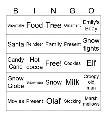 Art Club Holiday Bingo Card