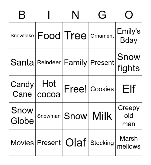 Art Club Holiday Bingo Card