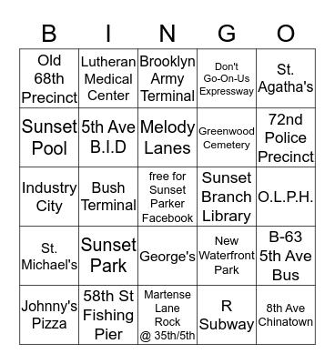 Sunset Park Bingo Card