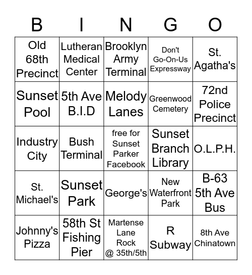 Sunset Park Bingo Card