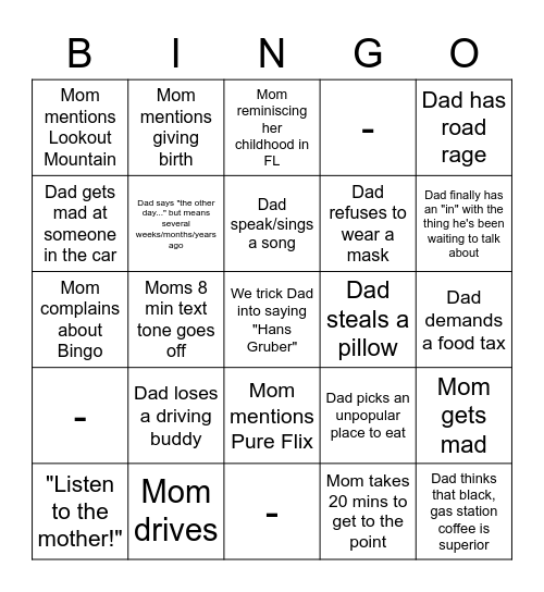 Mom & Dad Bingo Card