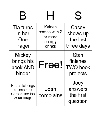 End of Semester Bingo Card