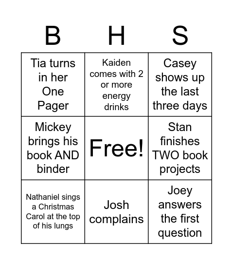 End of Semester Bingo Card