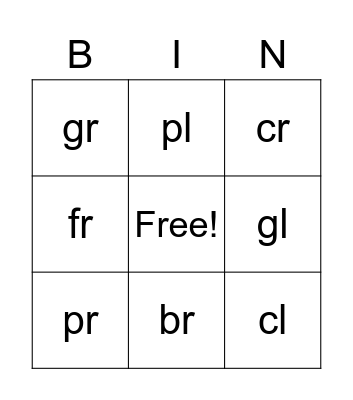 Consonant Blends Bingo Card