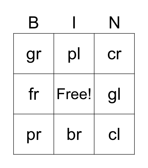 Consonant Blends Bingo Card