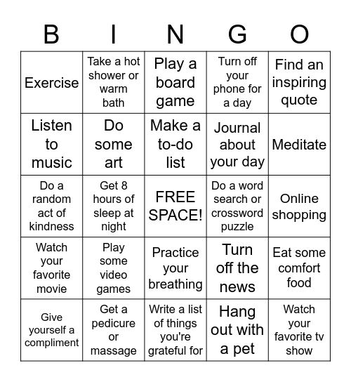 SELF-CARE Bingo Card