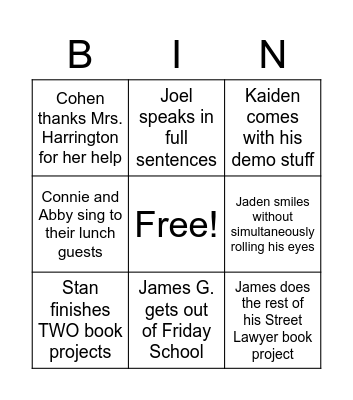 End of Semester Bingo Card